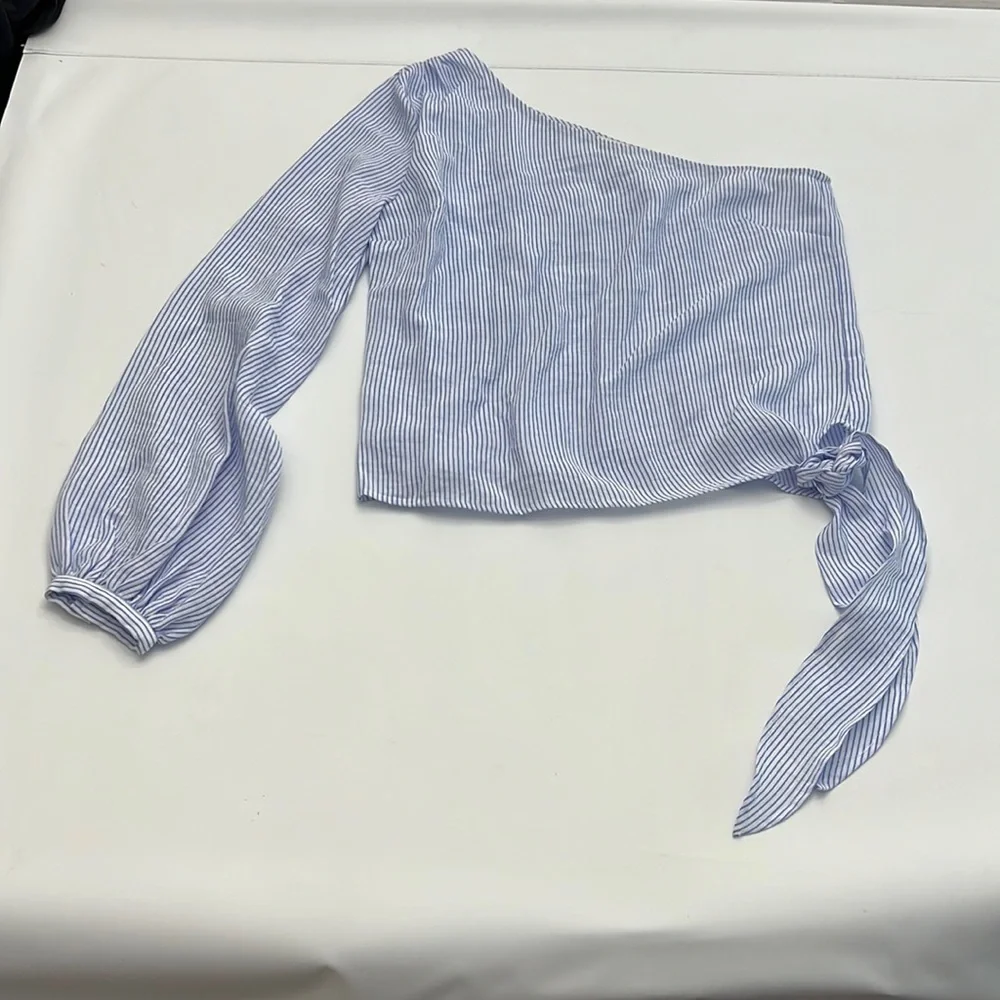 L’ Academie romantic sleeve blue & white pinstripe shirt size S - Picture 5 of 16